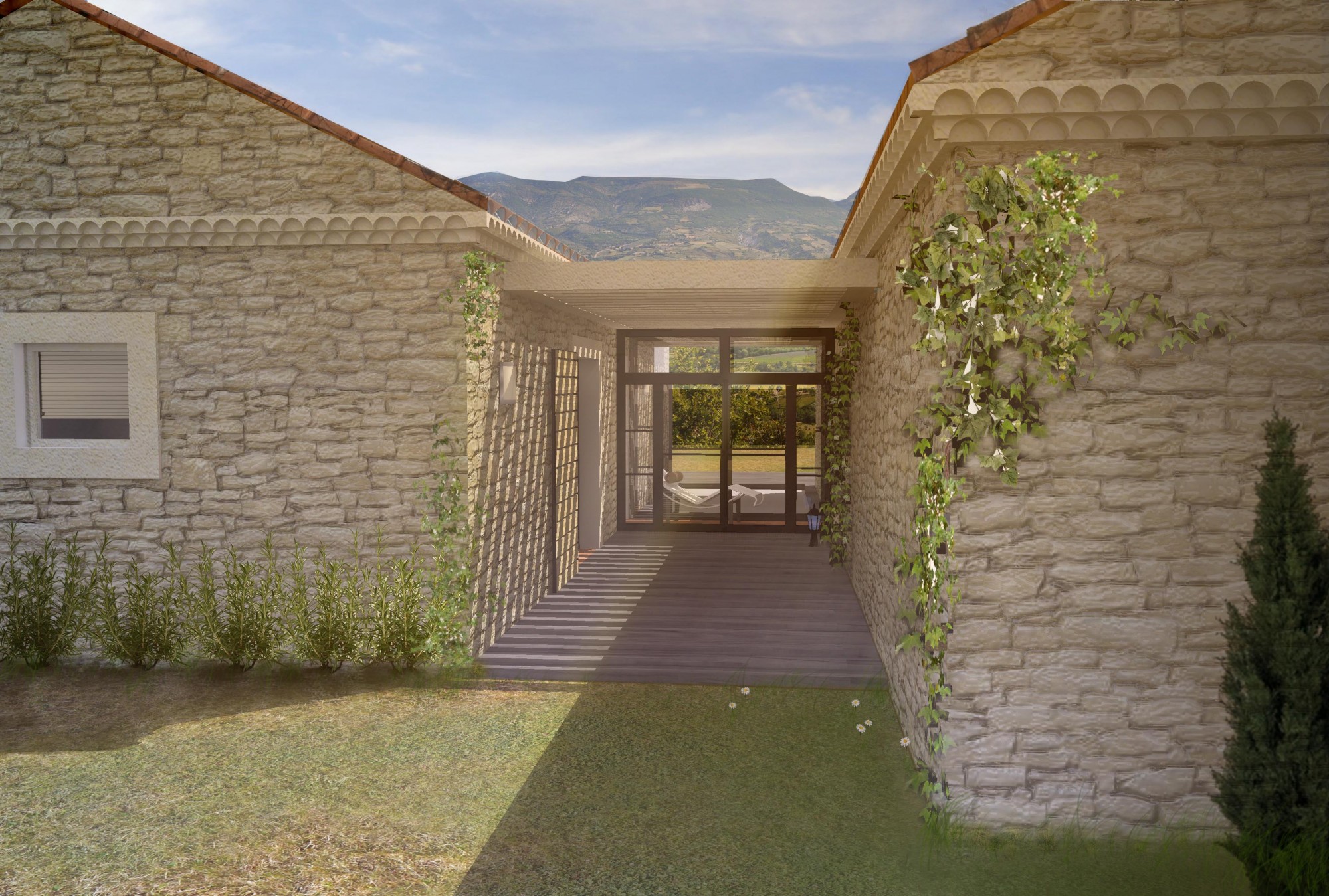 Vue entre les deux volume de la villa