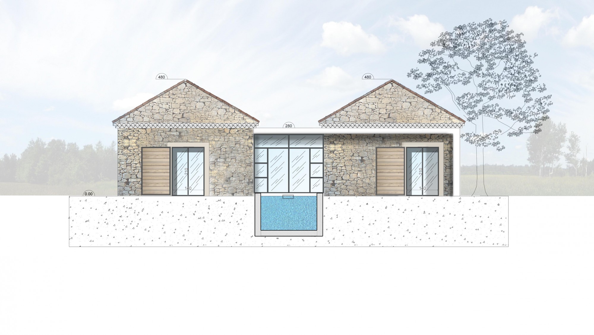 Coupe verticale côté Ouest de la villa