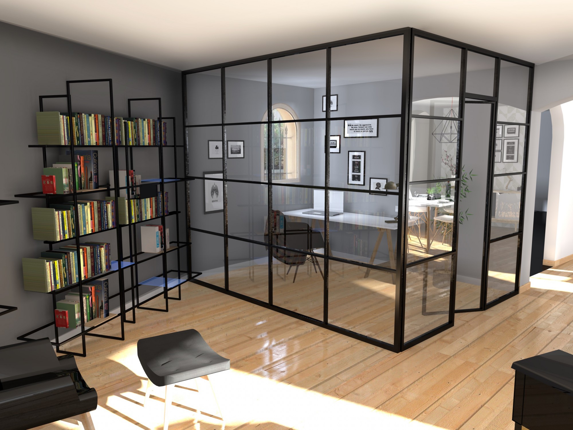 Espace bureau fermé dans un cube métallique